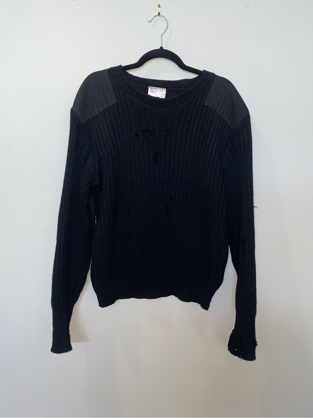 Rothco Commando Black Distressed Wool Sweater w/ Reinforced Patches Goth Winter